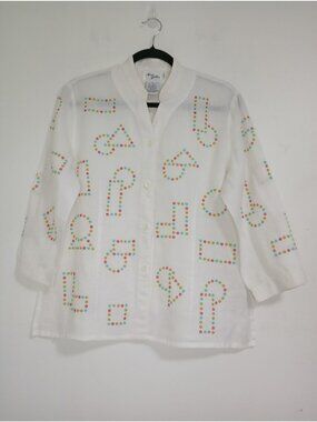 Vintage Ann Gerlin 100% Linen Button-Up Blouse Colorful Embroidered Shapes Sz 12